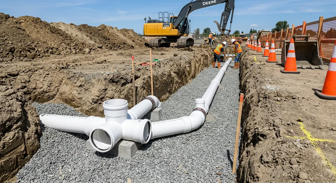 New PVC sewer pipe installation in open trench for Sewer Backup in Frankfort