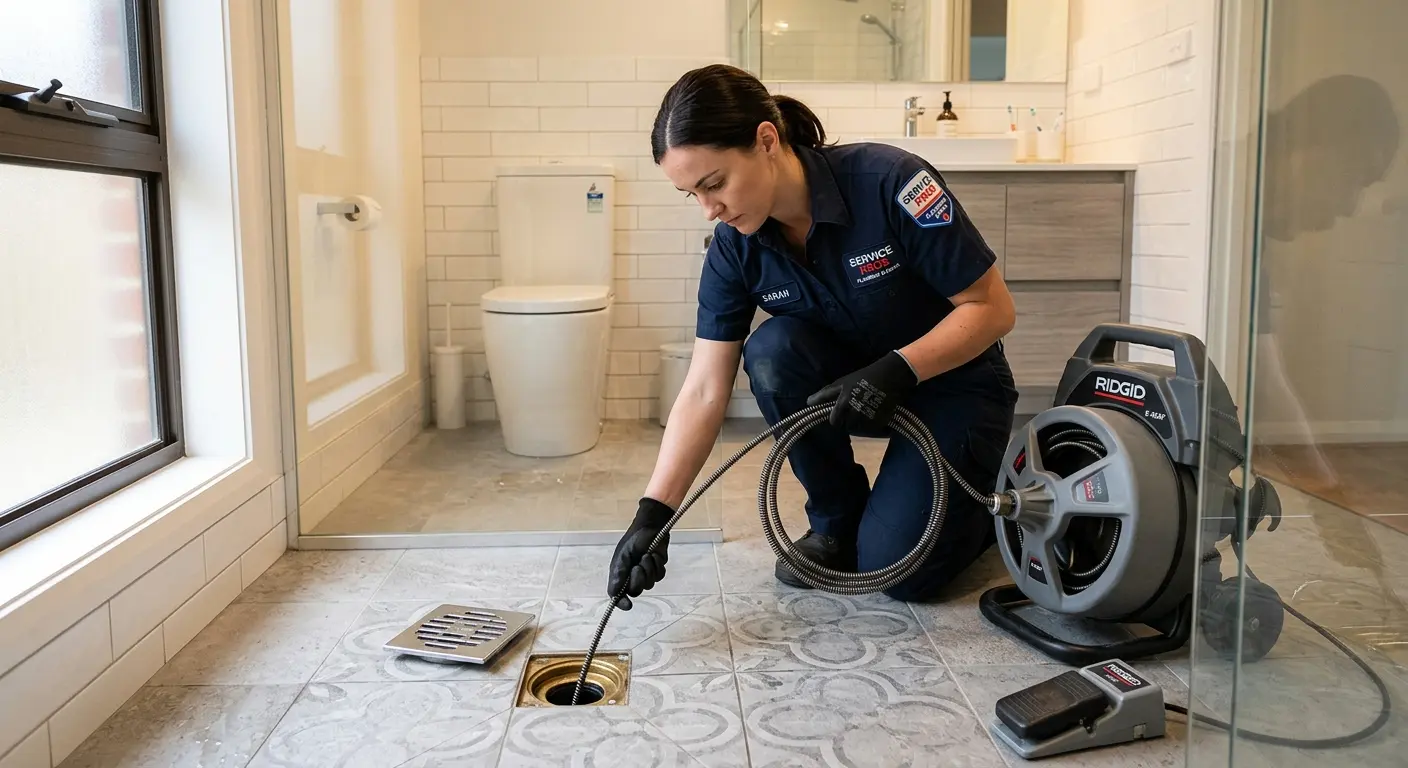 Technician clearing a bathroom floor drain for Drain Cleaning in Frankfort